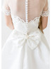 Short Sleeves Beaded Ivory Lace Satin Pearl Long Flower Girl Dress Princess Dress